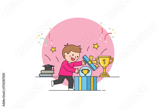 A flat minimalist vector illustration of a child opening birthday presents with excitement, birthday celebrations and achievements theme.