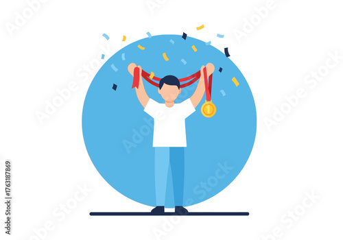 A flat minimalist vector illustration of a student holding a medal proudly, celebrations and achievements theme. 