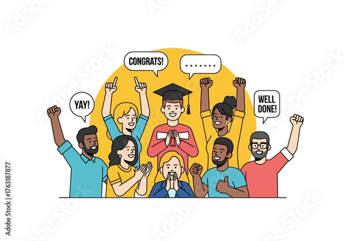 A flat minimalist vector illustration of friends cheering for a classmate’s success, celebrations and achievements theme.