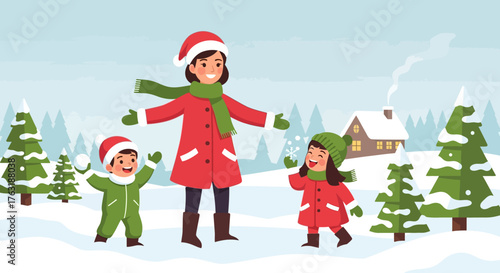 Happy Family Enjoying Winter Snow Day Together Outdoors.