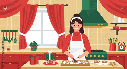 Woman Baking Christmas Cookies in Festive Kitchen Setting.