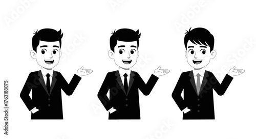 Three cartoon business men in suits presenting isolated on white background