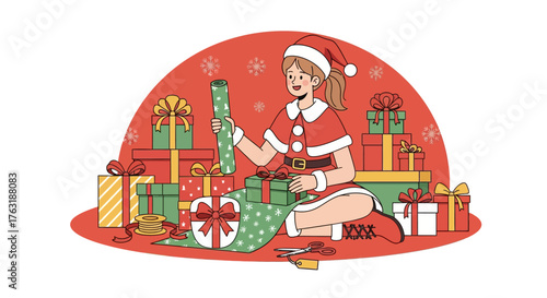 Christmas Girl Preparing Gifts and Presents for Holiday Celebration.
