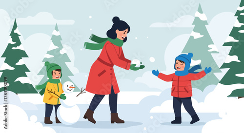 Mother and children playing snowballs in winter forest.