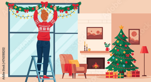 Person Decorating Christmas Garland on Window with Ladder.