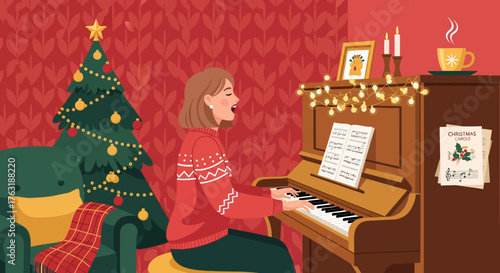 Woman singing while playing piano during Christmas.