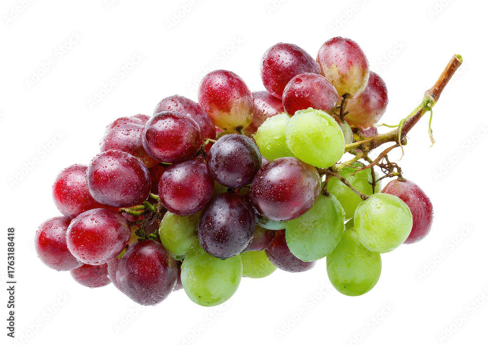 Fototapeta premium A bunch of assorted grapes in varying colors, isolated on a solid black background