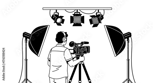Cameraman filming with video camera and lighting equipment isolated on white background
