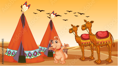 Desert Scene with Teepees, Camels, and Cute Character, Vibrant Vector Illustration