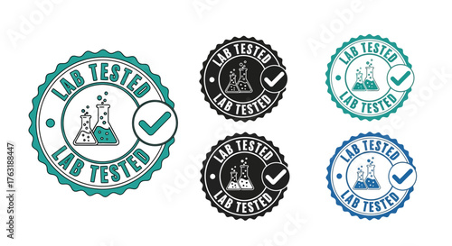 Lab tested badge set with laboratory glassware isolated on white background