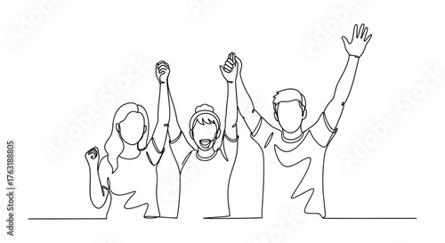Continuous line drawing of group of people celebrating isolated on white background