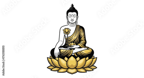 Buddha sitting on lotus flower isolated on white background, vector illustration