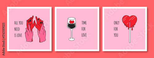 Hand drawn greeting cards set of Valentines Day and Love with typography. Vintage design with romantic elements and stickers. Minimal doodle concept for print, banner, invitation, poster, flyer