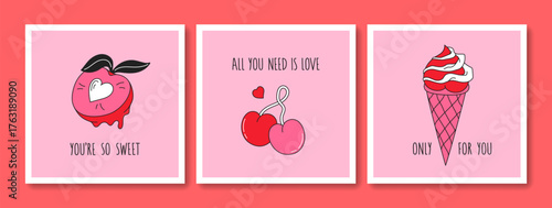 Hand drawn greeting cards set of Valentines Day and Love with typography. Vintage design with romantic elements and stickers. Minimal doodle concept for print, banner, invitation, poster, flyer