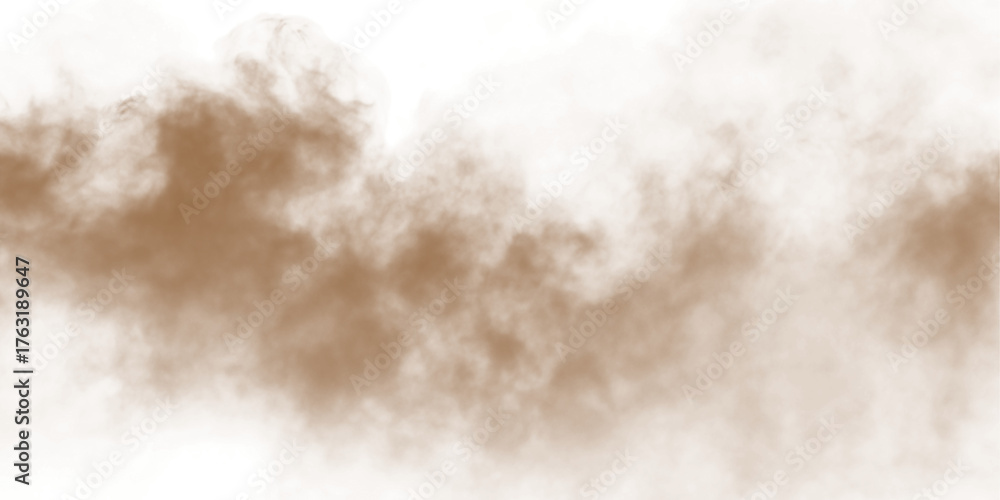 Fototapeta premium Dust sand soil smoke cloud particles isolated on transparent white background. Brown sandstorm smog sand dust explosion rising. Design elements for Compositing, covering, overlay, PNG