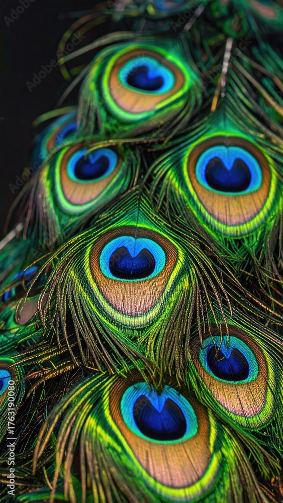 Fototapeta premium Detailed image of vibrant peacock feathers