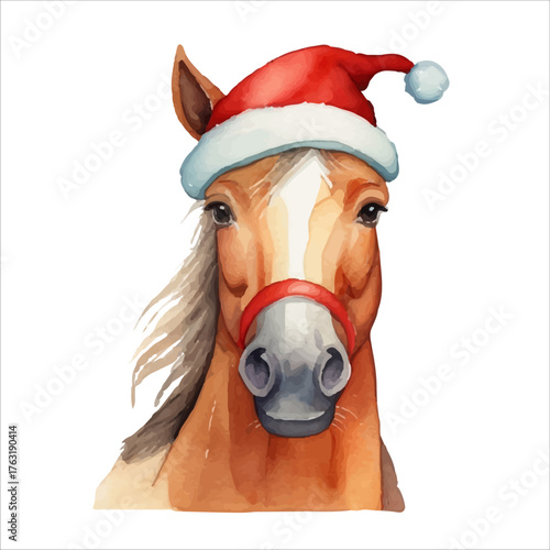 Horse in a Santa Claus hat in watercolor style, on a white background, perfect for holiday cards, stickers, children's design. Vector