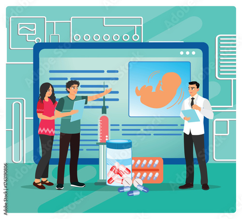 Infertility treatment concept. Medical Team Discussing Infertility treatment On Large Screen.