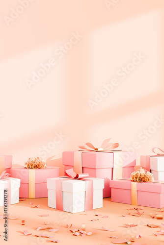 Elegant pink and white gift boxes with ribbons on a soft pastel background. Perfect festive backdrop for weddings, Valentine’s Day, baby showers, or birthday celebrations. Copy space. Place for text.