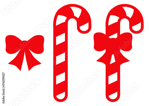 Logo candy cane de navidad. Grupo de siluetas de bastones de caramelo con lazo de regalo separado