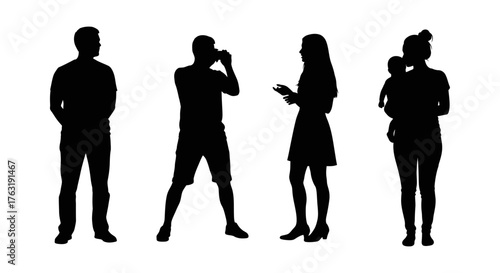 Silhouettes of diverse people standing, talking, taking photos, mother holding baby, vector illustration