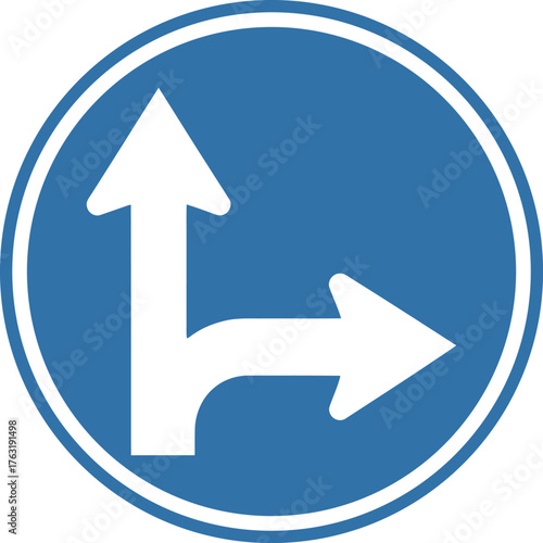 Blue circular road sign with white arrows indicating straight ahead and right turn traffic