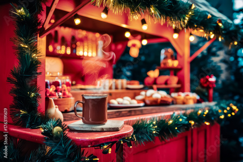 Hot Cocoa Stand. A cozy outdoor hot cocoa stand decorated with Christmas lights and garlands, offering warm drinks and treats to passersby, perfect for holiday markets and events. Cozy Christmas Fair