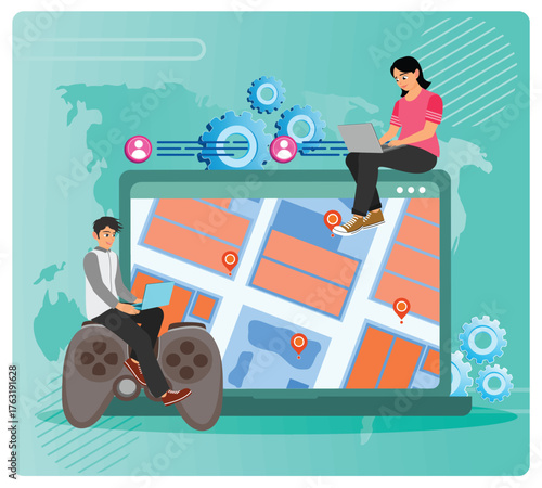 Multiplayer online battle arena. Global Digital Map Collaboration With Laptop Users And Location Pin