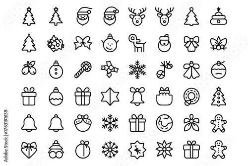 Minimal Line Art Christmas Icon Set with Festive Holiday Elements