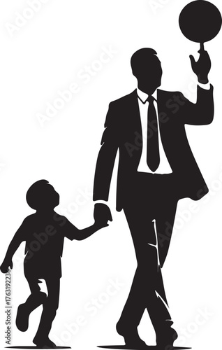 Silhouette of a father in a suit holding his son's hand while spinning a ball on a white background child also transparent background