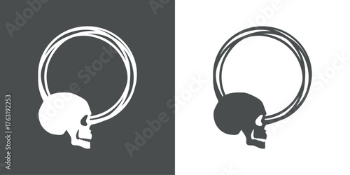 Símbolo pirata. Logo con vista lateral de calavera humana en marco circular con líneas para felicitaciones y tarjetas de Halloween