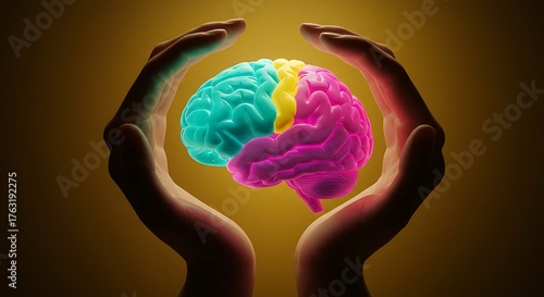 Human hands protectively cradling a colorful brain model, symbolizing mental health and the importance of cognitive function in a warm, supportive atmosphere.