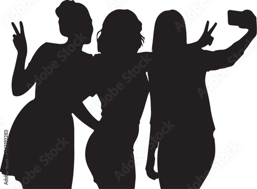 Three young women silhouetted taking a selfie with peace signs on a white background girls friends also transparent background