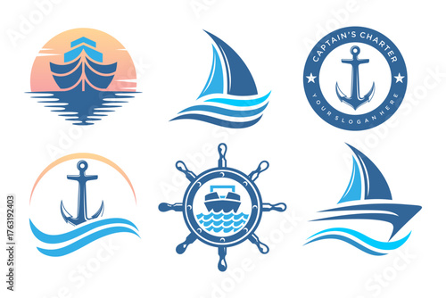 boat with waves element logo icon set. boat logo design template vector.