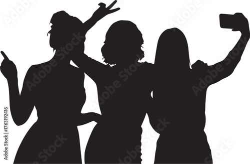 Three women silhouetted taking a selfie with a camera on a white background Keywords: silhouette, women, girls, group, selfie, taking photo, camera, mobile phone, also transparent background