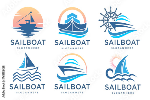 boat with waves element logo icon set. boat logo design template vector.
