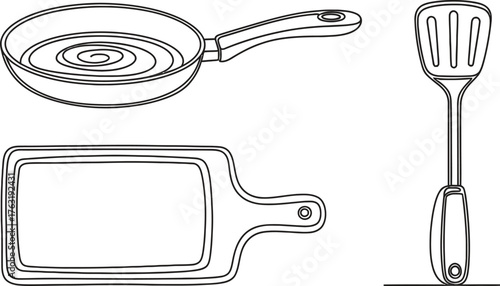 Kitchen utensils drawing pan spatula cutting board illustration