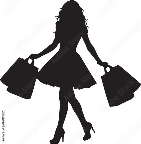Silhouette of a Woman in a Dress Holding Shopping Bags on a White Background female also transparent background