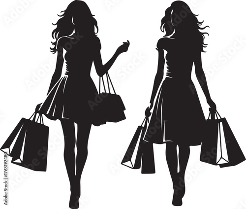 Two Silhouetted Women Carrying Shopping Bags and Purses on a White Background female also transparent background
