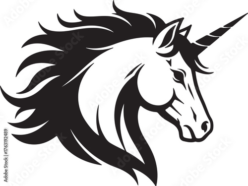 Stylized black and white silhouette of a unicorn head with a flowing mane and horn horse mythical also transparent background