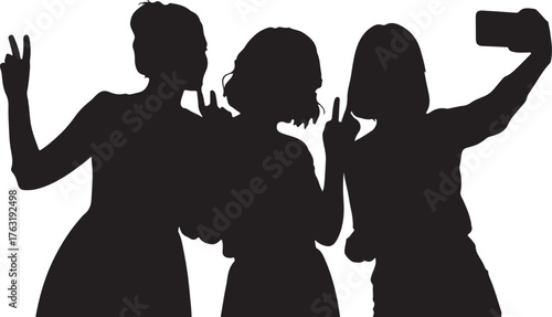 Silhouette of three women taking a selfie together with peace signs girls friends also transparent background