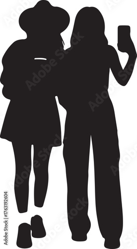 Silhouette of two young women taking a selfie with a smartphone on a white background Keywords: silhouette, two, women, girls, friends, young, adult, selfie, also transparent background