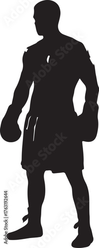 Silhouette of a male boxer with boxing gloves and shorts standing on a white background Keywords: silhouette, boxer, male, man, fighter, athlete, sport, boxing, also transparent background