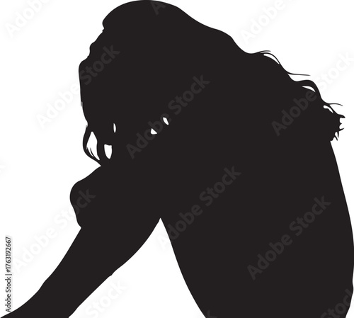 Silhouette of a woman sitting with her head down on a white background female upset also transparent background