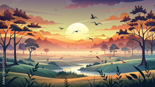Very beautiful sunrise near Jonesboro, Arkansas, where gentle fog drifts over open fields as flocks of geese soar gracefully across the glowing sky, creating a serene and poetic morning scene.