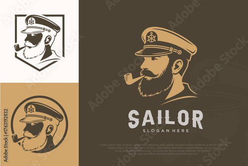 Boat charter captain logo. Mustache bearded sailor icon. vector illustration