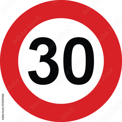 Red circle speed limit sign with number 30 in black thirty