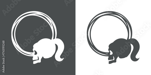 Símbolo pirata. Logo con vista lateral de calavera humana con pelos recogidos en una coleta en marco circular con líneas para felicitaciones y tarjetas de Halloween