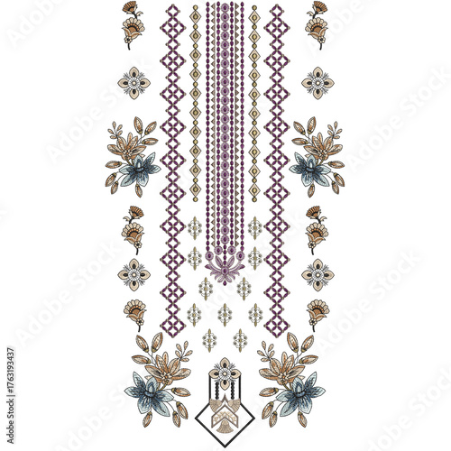 Slika na platnu Isolated asian indian embroidery neckline and lace border design , daman design and all over shirt front design women wear for digital and textile print on fabric