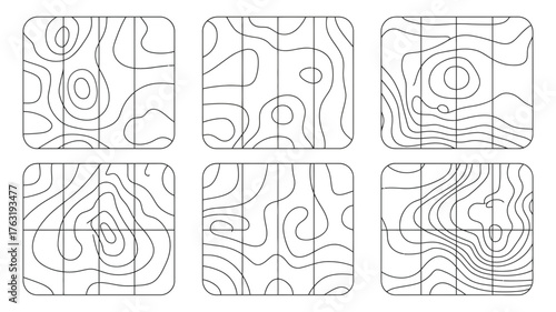 Abstract topographic map patterns, representing contour lines and elevation changes in a minimalist line art style.